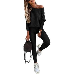 imageCHICME 2 Piece Lounge Outfit 2025 Long Sleeve Knit Pullover Tops Drawstring Pants Set Tracksuit SweatsuitBlack