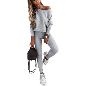 imageCHICME 2 Piece Lounge Outfit 2025 Long Sleeve Knit Pullover Tops Drawstring Pants Set Tracksuit SweatsuitGray