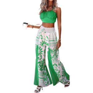 imageCHICME 2 Piece Outfits for Women Spaghetti Strap Crop Tank Top and Floral Wide Leg Pants Matching SetAgreen