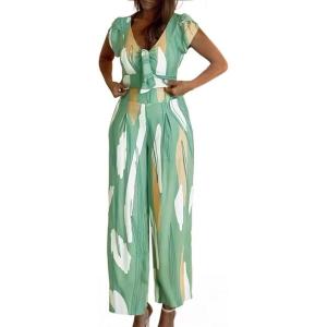 imageCHICME 2 Piece Sets for Women Summer V Neck Shirred Crop Top Wide Leg Pants with Pockets Vacation Beach Travel OutfitsGreen
