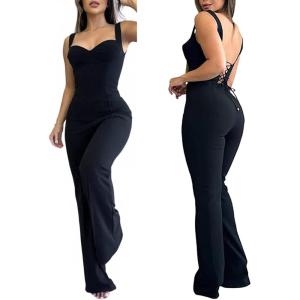 imageCHICME Jumpsuits for Women Dressy Bandeau Thick Strap Casual Jumpsuit Backless Laceup Party Holiday OverallsAblack