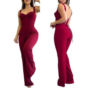 imageCHICME Jumpsuits for Women Dressy Bandeau Thick Strap Casual Jumpsuit Backless Laceup Party Holiday OverallsRed