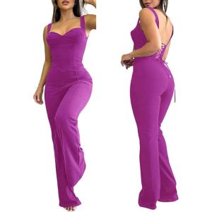 imageCHICME Jumpsuits for Women Dressy Bandeau Thick Strap Casual Jumpsuit Backless Laceup Party Holiday OverallsShot Pink