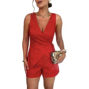 imageCHICME Summer Sets for Women 2 Piece Outfits Wrap V Neck Sleeveless Tank and Shorts Set Casual Outfits for WomenAred