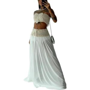 imageCHICME Two Piece Skirt Outfits for Women Sleeveless Crochet Tube Top Sexy Sheer Maxi Skirt SetsWhite