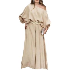 imageCHICME Women Summer 2 Piece Outfits Off Shoulder Lantern Sleeve Top Flowy Wide Leg Pants SetApricot