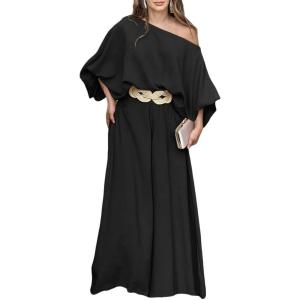 imageCHICME Women Summer 2 Piece Outfits Off Shoulder Lantern Sleeve Top Flowy Wide Leg Pants SetBlack