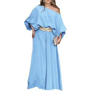imageCHICME Women Summer 2 Piece Outfits Off Shoulder Lantern Sleeve Top Flowy Wide Leg Pants SetOlighted Blue