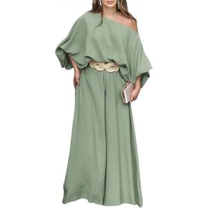 imageCHICME Women Summer 2 Piece Outfits Off Shoulder Lantern Sleeve Top Flowy Wide Leg Pants SetPgreen
