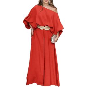 imageCHICME Women Summer 2 Piece Outfits Off Shoulder Lantern Sleeve Top Flowy Wide Leg Pants SetZred