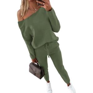 imageCHICME Women Tracksuit 2025 Fall 2 piece Outfits Off The Shoulder Long Sleeve Tops and Pants Set Travel OutfitsArmy Green