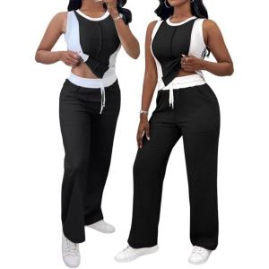 imageCHICME Womens 2 Piece Outfits Casual Slim Fit Tank Tops Elastic Waist Straight Leg Pants Ribbed TracksuitsBlack