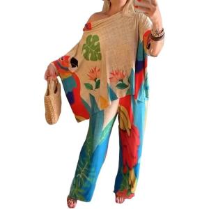 imageCHICME Womens 2 Piece Outfits Off The Shoulder Printed Batwing Long Sleeve Tops and Wide Leg Pants Matching SetsAkhaki