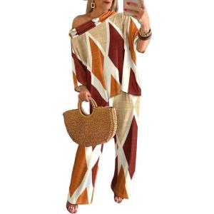 imageCHICME Womens 2 Piece Outfits Off The Shoulder Printed Batwing Long Sleeve Tops and Wide Leg Pants Matching SetsBrown