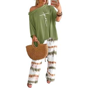 imageCHICME Womens 2 Piece Outfits Off The Shoulder Printed Batwing Long Sleeve Tops and Wide Leg Pants Matching SetsGreen