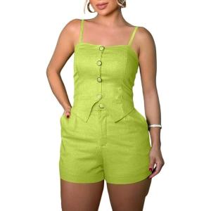 imageCHICME Womens Beach Vacation ampamp Casual Matching Set  Sleeveless Button High Waisted Pocket Shorts Comfy Trendy 2Piece Outfit for Summer