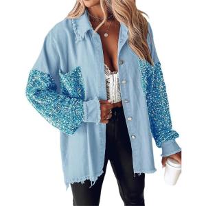 imageCHICME Womens Denim Jacket 2025 Sequin Patchwork Long Sleeve Jackets Top Button Front Oversized Denim ShacketBlue