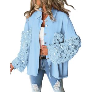 imageCHICME Womens Denim Jacket 2025 Sequin Patchwork Long Sleeve Jackets Top Button Front Oversized Denim ShacketSky Blue