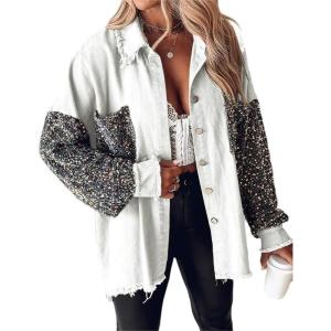 imageCHICME Womens Denim Jacket 2025 Sequin Patchwork Long Sleeve Jackets Top Button Front Oversized Denim ShacketWhite