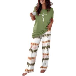 imageCHICME Womens Pajamas Sets 2 Piece Short Sleeve Lounge Set Printed Loose Pants Pj Sets Loungewear SetAombre Green