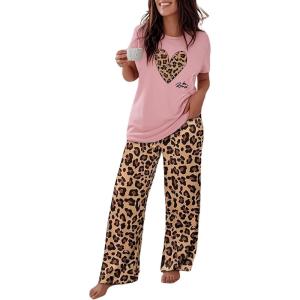 imageCHICME Womens Pajamas Sets 2 Piece Short Sleeve Lounge Set Printed Loose Pants Pj Sets Loungewear SetBleopard Pink