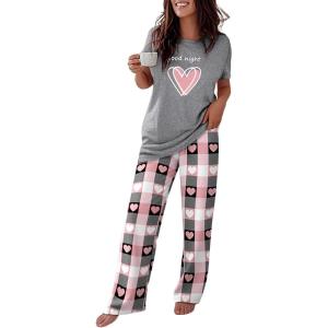 imageCHICME Womens Pajamas Sets 2 Piece Short Sleeve Lounge Set Printed Loose Pants Pj Sets Loungewear SetHeart Gray