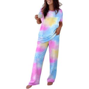 imageCHICME Womens Pajamas Sets 2 Piece Short Sleeve Lounge Set Printed Loose Pants Pj Sets Loungewear SetOmbre Multicolor