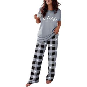imageCHICME Womens Pajamas Sets 2 Piece Short Sleeve Lounge Set Printed Loose Pants Pj Sets Loungewear SetPlaid Gray