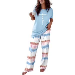 imageCHICME Womens Pajamas Sets 2 Piece Short Sleeve Lounge Set Printed Loose Pants Pj Sets Loungewear SetPombre Blue