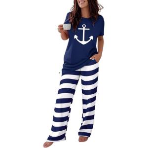 imageCHICME Womens Pajamas Sets 2 Piece Short Sleeve Lounge Set Printed Loose Pants Pj Sets Loungewear SetWpurplish Blue