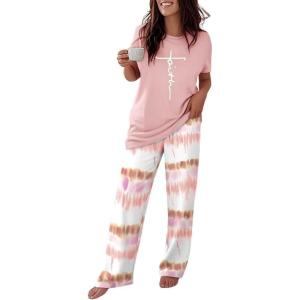imageCHICME Womens Pajamas Sets 2 Piece Short Sleeve Lounge Set Printed Loose Pants Pj Sets Loungewear SetXombre Pink