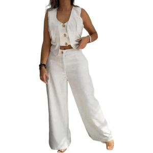 imageCHICME Womens Summer Two Piece Outfits V Neck Metal Button Front Crop Tank Vest Wide Leg linen Pants Matching SetsBeige