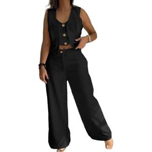 imageCHICME Womens Summer Two Piece Outfits V Neck Metal Button Front Crop Tank Vest Wide Leg linen Pants Matching SetsCblack