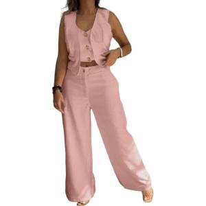 imageCHICME Womens Summer Two Piece Outfits V Neck Metal Button Front Crop Tank Vest Wide Leg linen Pants Matching SetsDpink