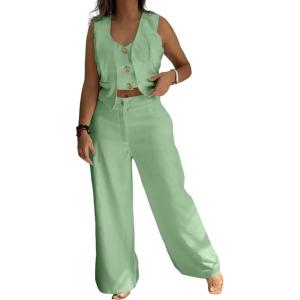 imageCHICME Womens Summer Two Piece Outfits V Neck Metal Button Front Crop Tank Vest Wide Leg linen Pants Matching SetsGreen