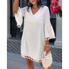 imageCHICME Womens 2025 Summer Dress Swiss Dot V Neck Bell Sleeve Shift Dress Casual Flowy Mini DressesAwhite