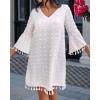 imageCHICME Womens 2025 Summer Dress Swiss Dot V Neck Bell Sleeve Shift Dress Casual Flowy Mini DressesAwhite