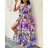 imageCHICME Womens Holiday Maxi Dress Lantern Sleeve One Shoulder High Slit Floral Maxi DressPurple