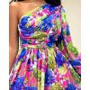 imageCHICME Womens Holiday Maxi Dress Lantern Sleeve One Shoulder High Slit Floral Maxi DressPurple