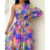 imageCHICME Womens Holiday Maxi Dress Lantern Sleeve One Shoulder High Slit Floral Maxi DressPurple