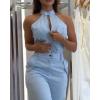 imageCHICME Womens Light Blue Sleeveless Jumpsuit  High Waist SelfTie Belt ampamp Side Pockets Stretchy Wide Leg Romper for SummerAlighted Blue