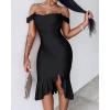 imageCHICME Womens Sexy Bodycon Party Dress Off The Shoulder Pearls Strap Midi Dress Ruffle Hem Cocktail DressesBlack