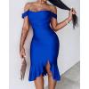 imageCHICME Womens Sexy Bodycon Party Dress Off The Shoulder Pearls Strap Midi Dress Ruffle Hem Cocktail DressesBlue