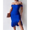 imageCHICME Womens Sexy Bodycon Party Dress Off The Shoulder Pearls Strap Midi Dress Ruffle Hem Cocktail DressesBlue