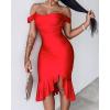 imageCHICME Womens Sexy Bodycon Party Dress Off The Shoulder Pearls Strap Midi Dress Ruffle Hem Cocktail DressesRed