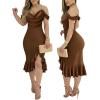 imageCHICME Womens Sexy Bodycon Party Dress Off The Shoulder Pearls Strap Midi Dress Ruffle Hem Cocktail DressesScoffee