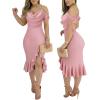imageCHICME Womens Sexy Bodycon Party Dress Off The Shoulder Pearls Strap Midi Dress Ruffle Hem Cocktail DressesTpink