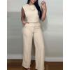 imageCHICME Womens Summer 2 Piece Outfits Cap Sleeve Round Neck Tank Crop Top Wide Leg Pants Set with PocketsApricot