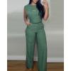 imageCHICME Womens Summer 2 Piece Outfits Cap Sleeve Round Neck Tank Crop Top Wide Leg Pants Set with PocketsGreen