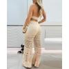 imageChicMe Womens Crochet Coverups 2 Pieces Halter Sleeveless Crop Top and Casual Hollowout Loose Fit Pants SetApricot